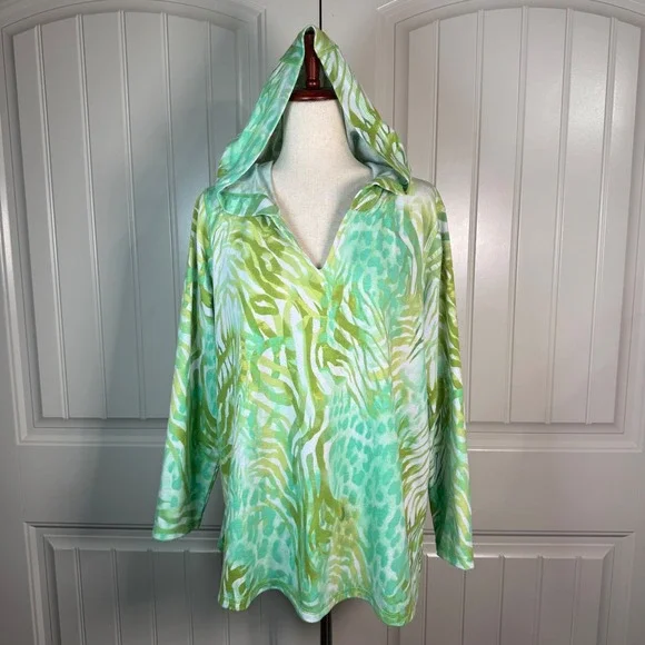Susan Graver Weekend Hooded Tunic Women XLP Green Animal Print Resort Tropical - Picture 5 of 9